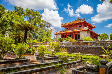 Minh Lau pavilion and Trung Dao bridge at Minh Mang Emperor Tomb in Hue, Vietnam