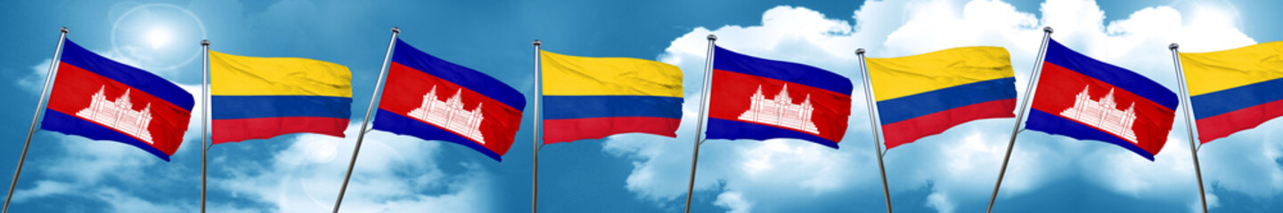 Cambodia flag with Colombia flag, 3D rendering