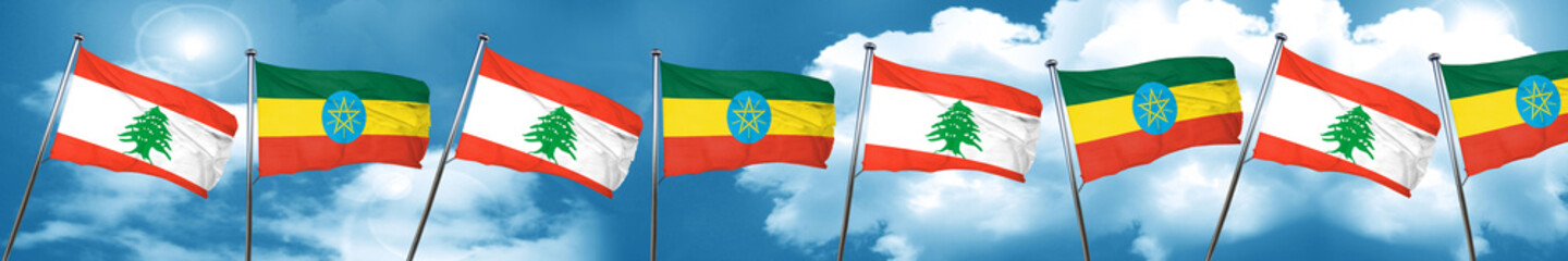 Lebanon flag with Ethiopia flag, 3D rendering