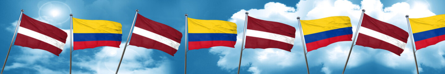 Latvia flag with Colombia flag, 3D rendering