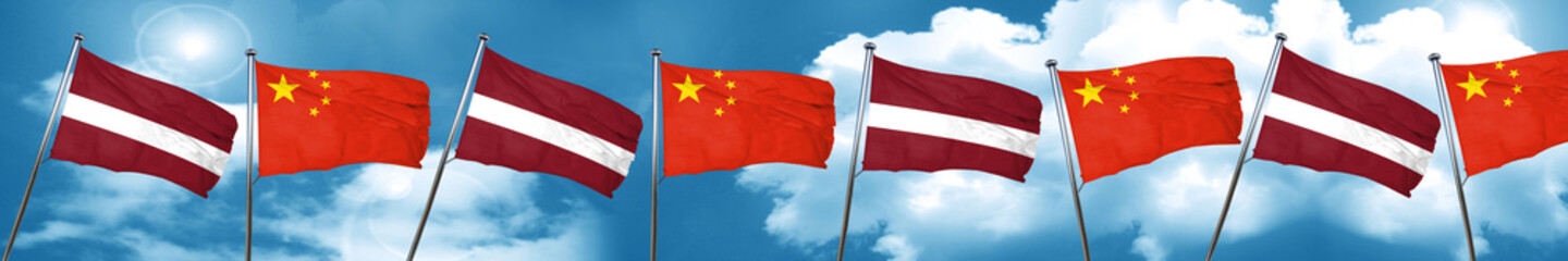 Latvia flag with China flag, 3D rendering