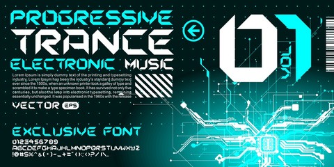 hi-tech Techno font trance style lettering vector