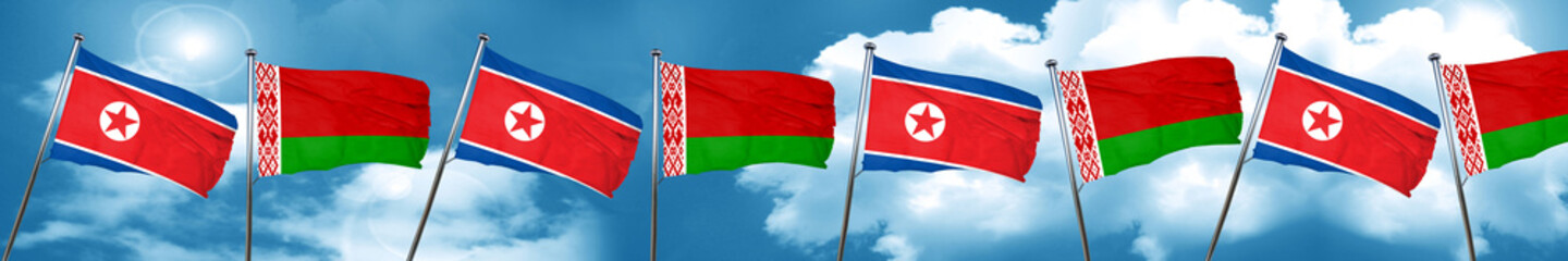 North Korea flag with Belarus flag, 3D rendering