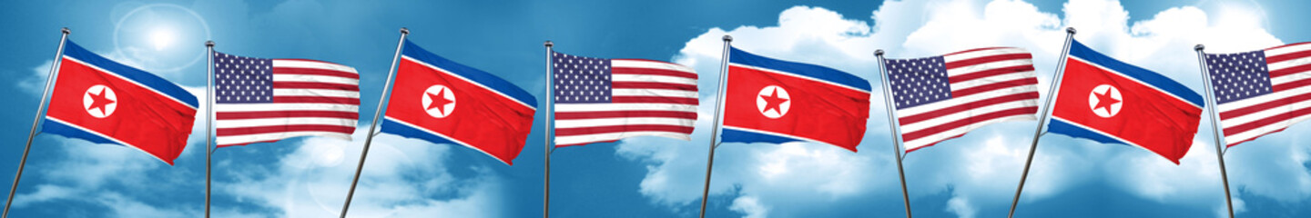 North Korea flag with American flag, 3D rendering