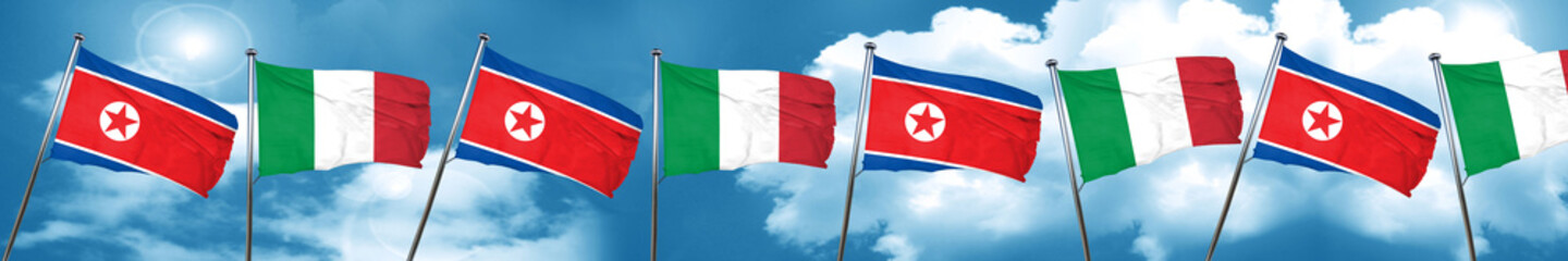 North Korea flag with Italy flag, 3D rendering