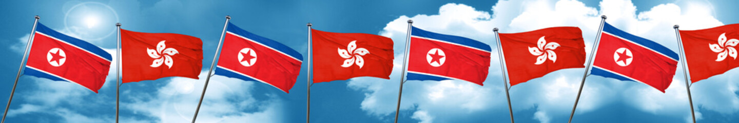 North Korea flag with Hong Kong flag, 3D rendering