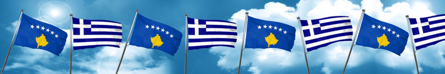 Kosovo flag with Greece flag, 3D rendering