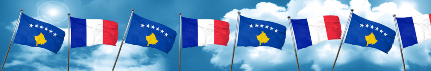 Kosovo flag with France flag, 3D rendering