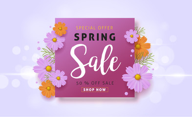Spring sale background with beautiful colorful flower. Vector illustration.banners.Wallpaper.flyers, invitation, posters, brochure, voucher discount.