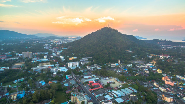 aerial photography during sunset in the middle of Phuket city