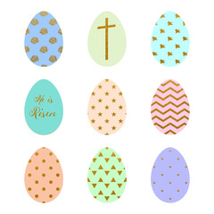 Easter eggs with gold decor. Isolated design elements for greeting card, pattern, decals.