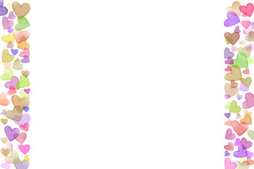 Colorful scattered sketch heart shaped various size line frame right left side valentine background