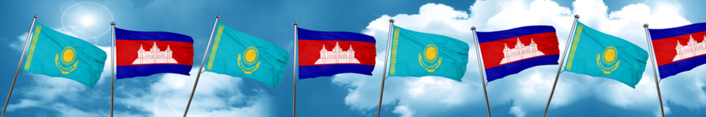Kazakhstan flag with Cambodia flag, 3D rendering