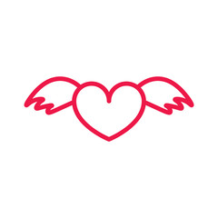 heart with wings thin line red icon on white background, happy v