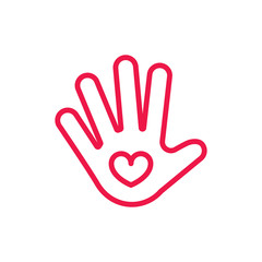 heart in hand thin line red icon on white background, happy vale