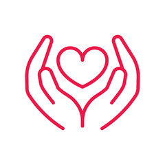 heart in hands thin line red icon on white background, happy val