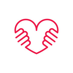 heart in hands thin line red icon on white background, happy val