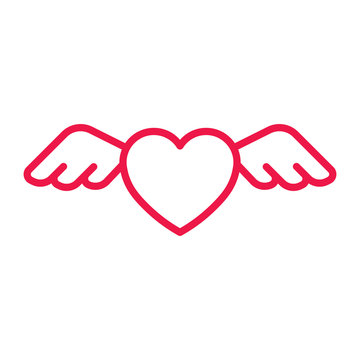 heart with wings thin line red icon on white background, happy v