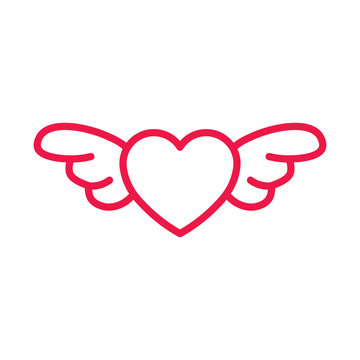 heart with wings thin line red icon on white background, happy v