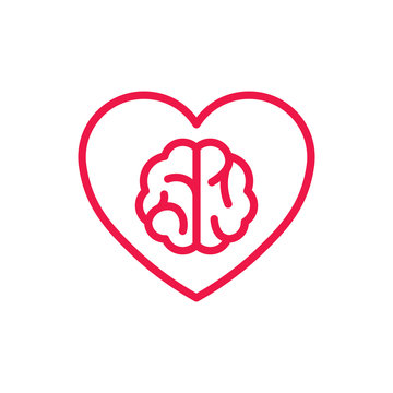 brain in heart thin line red icon on white background, happy val