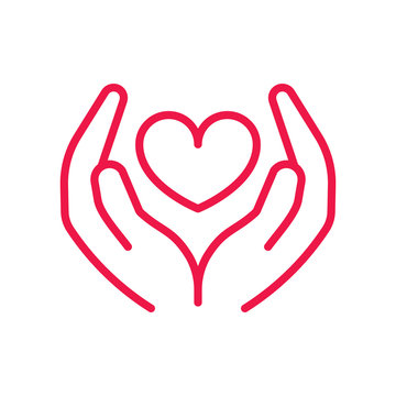 heart in hands thin line red icon on white background, happy val