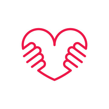heart in hands thin line red icon on white background, happy val