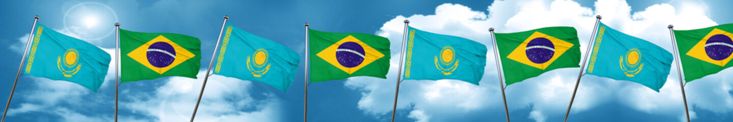 Kazakhstan flag with Brazil flag, 3D rendering