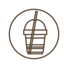 monochrome round contour with disposable glass of cappuccino with straw vector illustration
