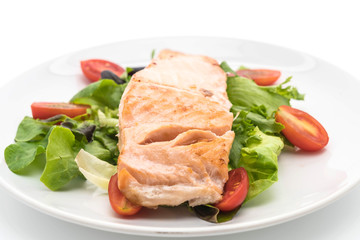 grilled salmon steak on white