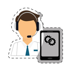 call center telemarketing tech service worker wearing headset on cellphone screen  icon image vector illustration design 