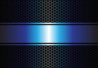 Metal blue banner on hexagon mesh design luxury modern background vector illustration.