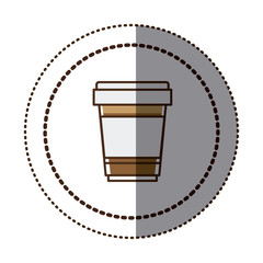 color sticker in circular frame with disposable glass of cappuccino close up vector illustration