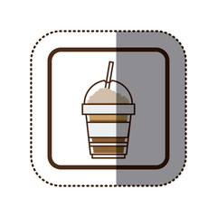 color sticker silhouette in square frame with disposable glass of cappuccino with straw vector illustration