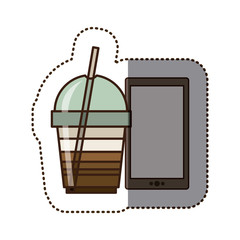 silhouette sticker color with glass of cappuccino and smart phone vector illustration