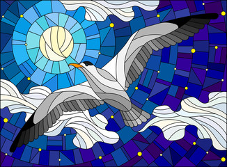 Naklejka premium Illustration in stained glass style Seagull on the background of starry sky, moon and clouds