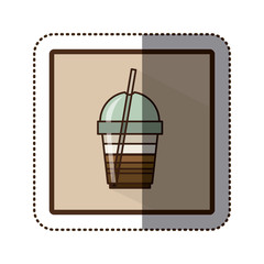 color sticker silhouette in square frame with disposable glass of cappuccino with straw vector illustration