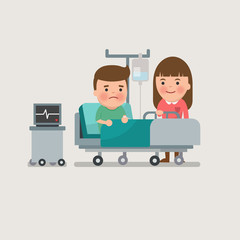 A medical caucasian patient grandma being treated by an expert doctor in a hospital room. flat design illustrations.