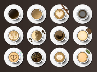Coffee cups assortment top view collection vector illustration.