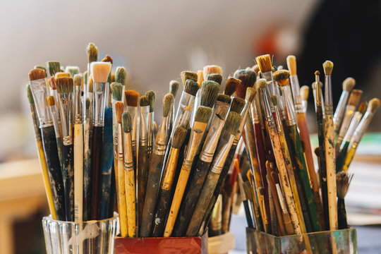 Paint Brushes isolated in blur background, close-up