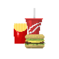 Pixel art fast food hamburger and cola icons vector.