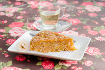 Piece of pumpkin cake on dish