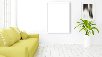 Modern bright interior with empty frame . 3D rendering