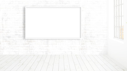Modern bright interior with empty frame . 3D rendering
