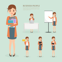 business woman working at office character. flat people vector.
