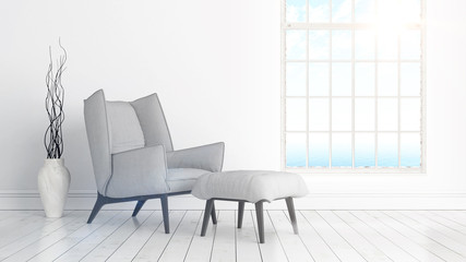 Modern bright interior with large window . 3D rendering