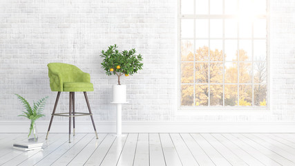Modern bright interior with large window . 3D rendering