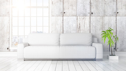 Modern bright interior with large window . 3D rendering
