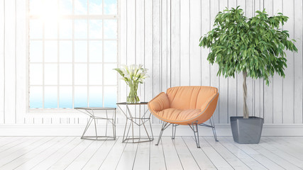 Modern bright interior with large window . 3D rendering