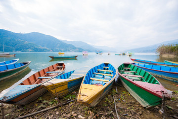 Fototapeta na wymiar rowboat symbol of Phewa lakeshore in Pokhara city