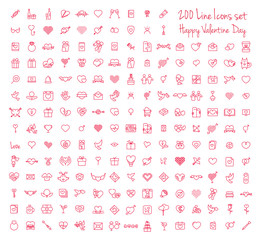 Happy Valentine day thin line flat isolated red 200 icons set on